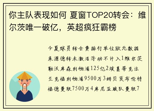 你主队表现如何 夏窗TOP20转会：维尔茨唯一破亿，英超疯狂霸榜
