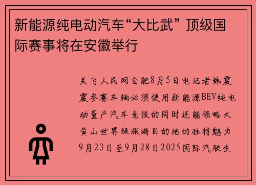 新能源纯电动汽车“大比武” 顶级国际赛事将在安徽举行