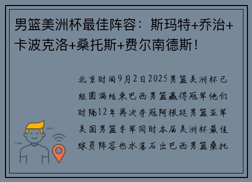 男篮美洲杯最佳阵容：斯玛特+乔治+卡波克洛+桑托斯+费尔南德斯！