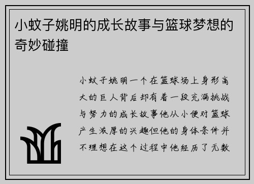 小蚊子姚明的成长故事与篮球梦想的奇妙碰撞 小蚊子姚明的成长故事与篮球梦想的奇妙碰撞